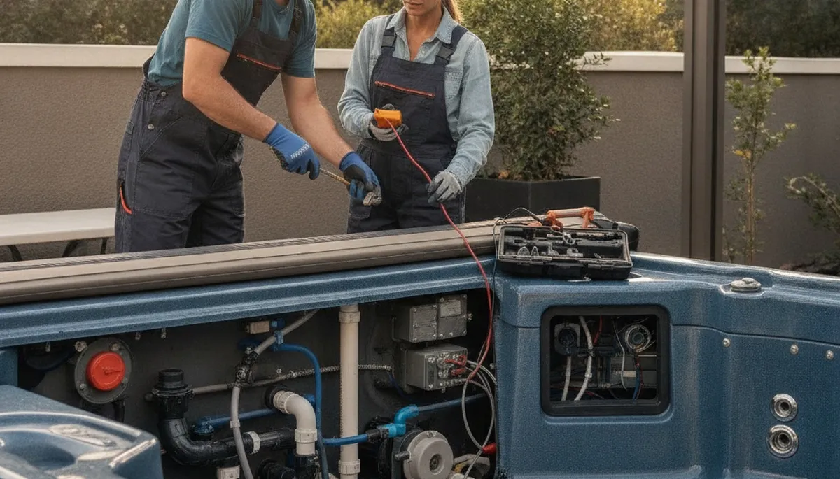 Marietta, GA plumber repairing a home spa to clear jet clogs and fix plumbing leaks
