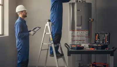 Water heater repair technician servicing a Marietta, GA home for emergency plumbing service